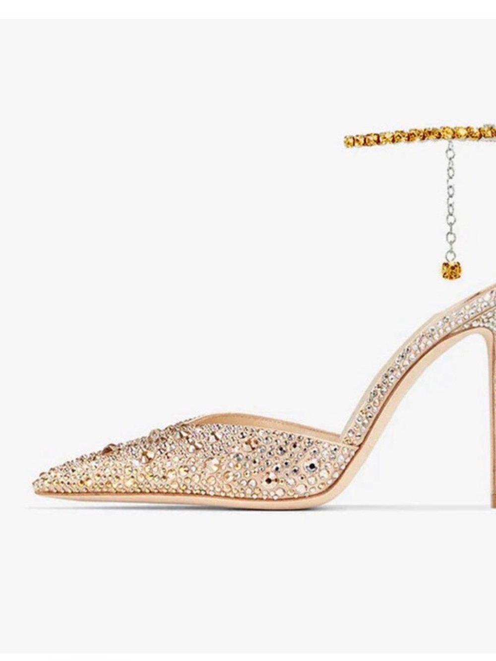 & Other Stories Champagne Crystal Pointed-Toe Stiletto Heels with Ankle Chain - Picture 3 of 3